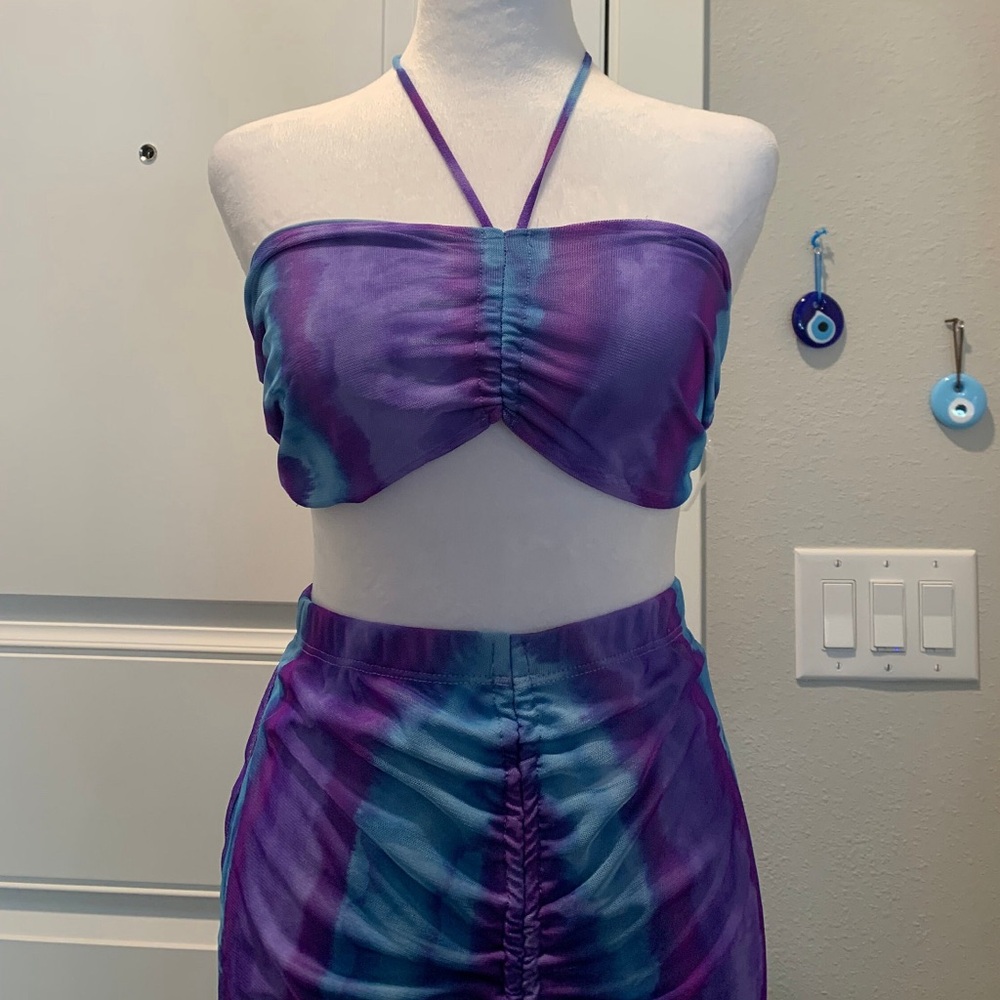 Tie dye skirt set blue purple tube top mini skirt - Picture 2 of 3